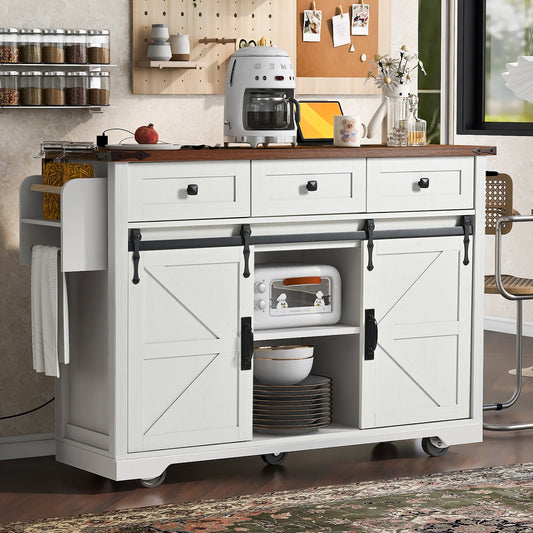 Algherohein Kitchen Island Cart with 2 Sliding Door and 3 Drawer,Storage Microwave Cart