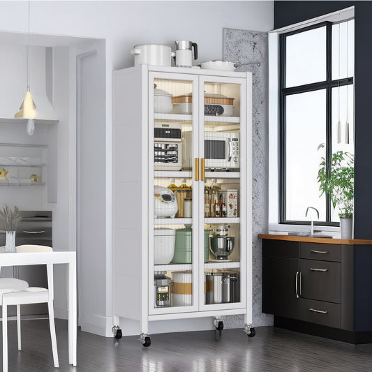 Algherohein Metal Pantry Storage Cabinets with Doors and Shelves,Wheels Kitchen Storage