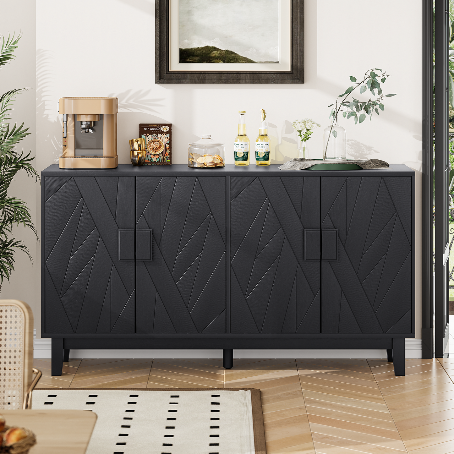 Algherohein Black Buffet Cabinet with Adjustable Shelves and 4 Doors,Kitchen Sideboards and Buffets