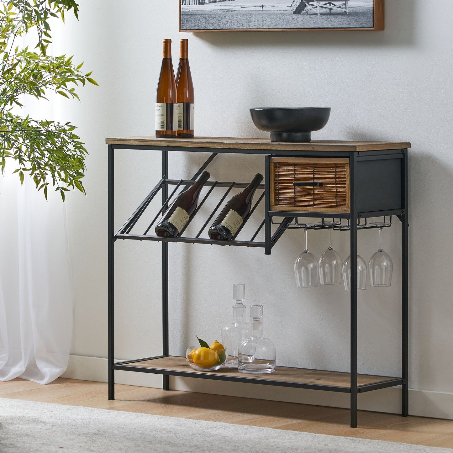 Algherohein Wine Rack Table with Glass Holder,Shelf and Drawer,Wine Bar Cabinet,Holds 8 Bottles