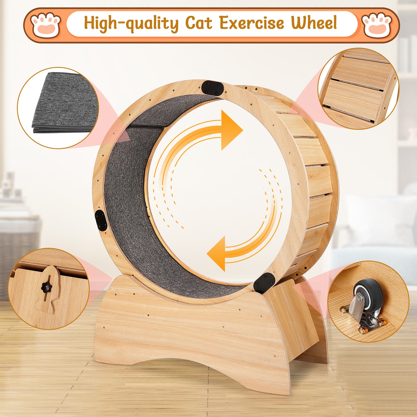 Algherohein Fun Cat Exercise Wheel, Cat Treadmill with Carpeted,Interactive Cat Toys Gifts,Brown