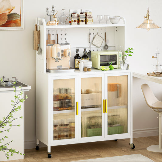 Algherohein Kitchen Pantry Storage Cabinet with Wheels, Transparent Doors and DIY Nail Board