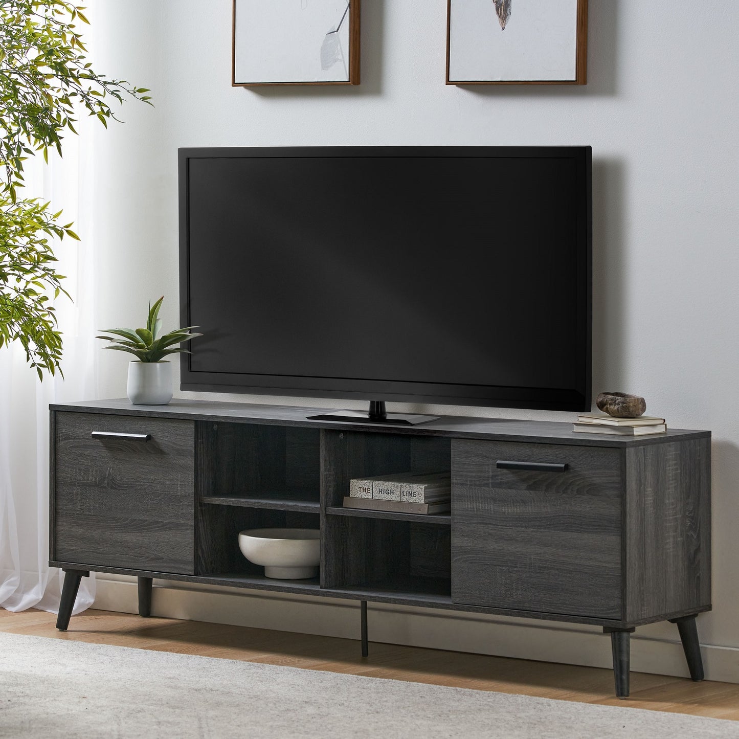 Algherohein Wood 70 Inch TV Stand with 4 Shelves and doors,Storage TV cabinet entertainment center