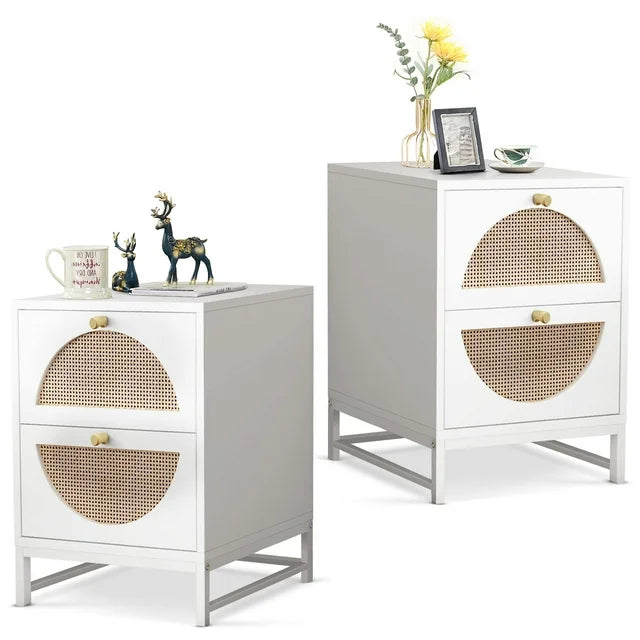 Smart FENDEE Wood Nightstand with 2 Rattan Drawers Bedside Table for Adult, Bedroom