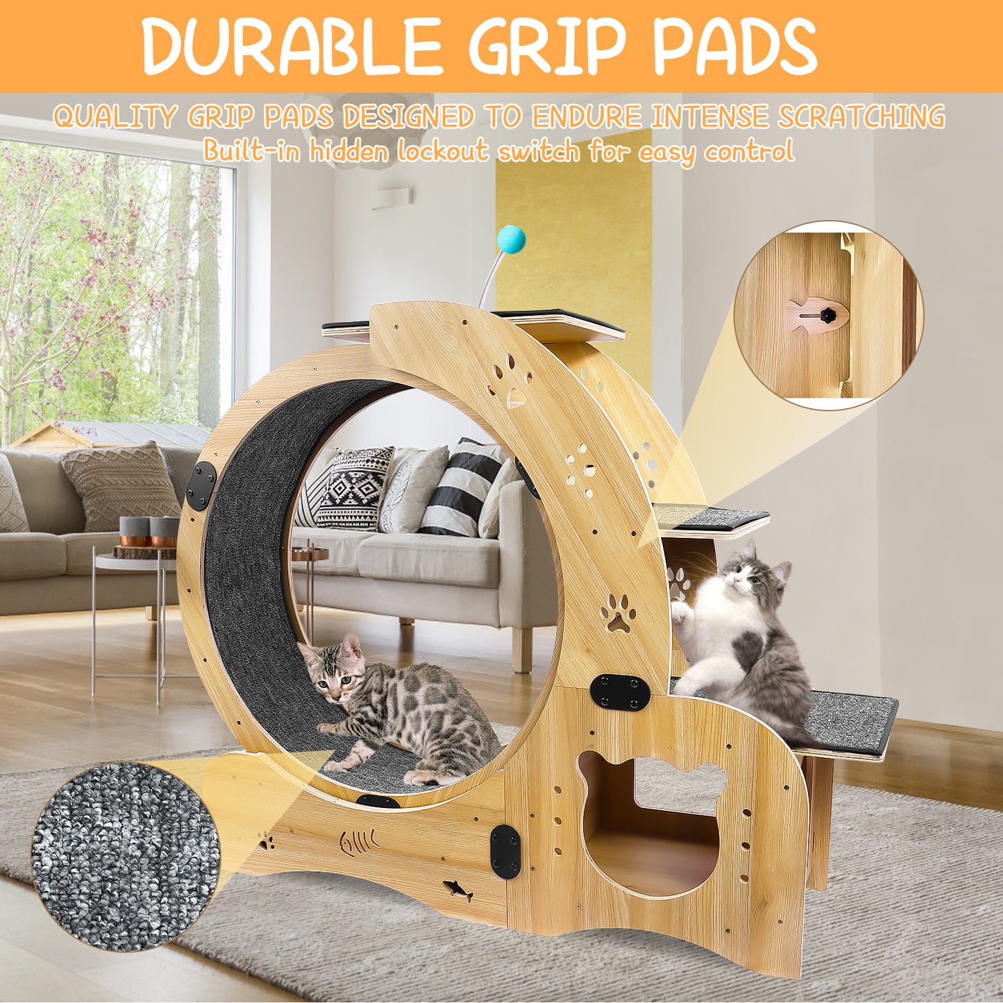 Smart FENDEE Cat Exercise Wheel Wood Treadmill with Carpeted Runway Kitty Sport Toy for Indoor