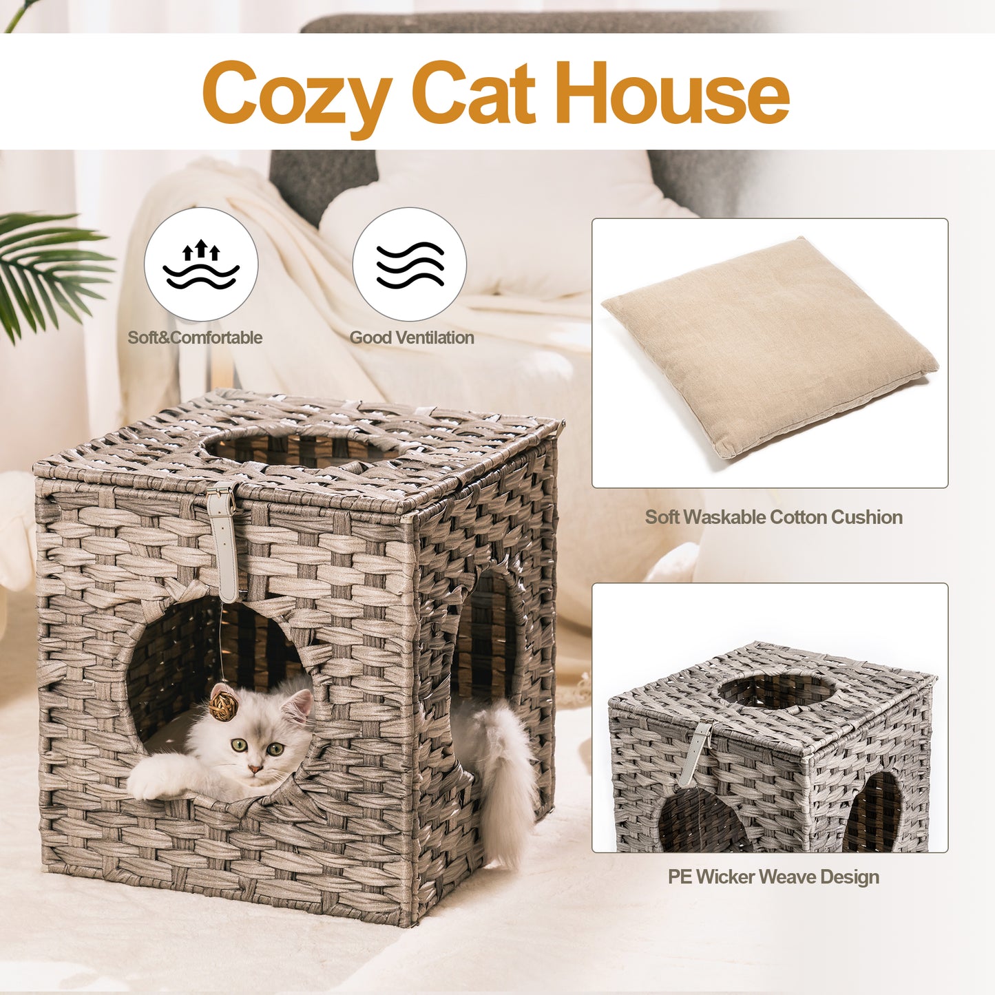 Algherohein Rattan Cat Houses for Indoors,Pet Cat Tunnel Toys Gifts,Cat Crate Bed and Nest