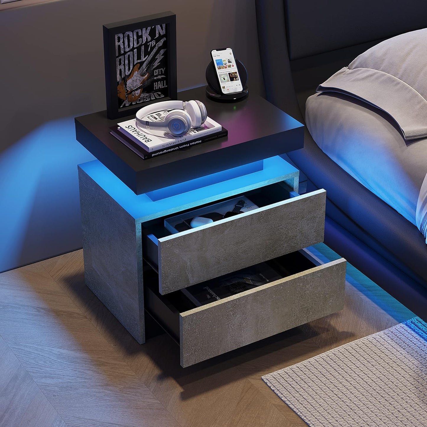 Smuxee Modern Wood LED Nightstand with 2 Drawers, End Tables for Living Room or Bedroom