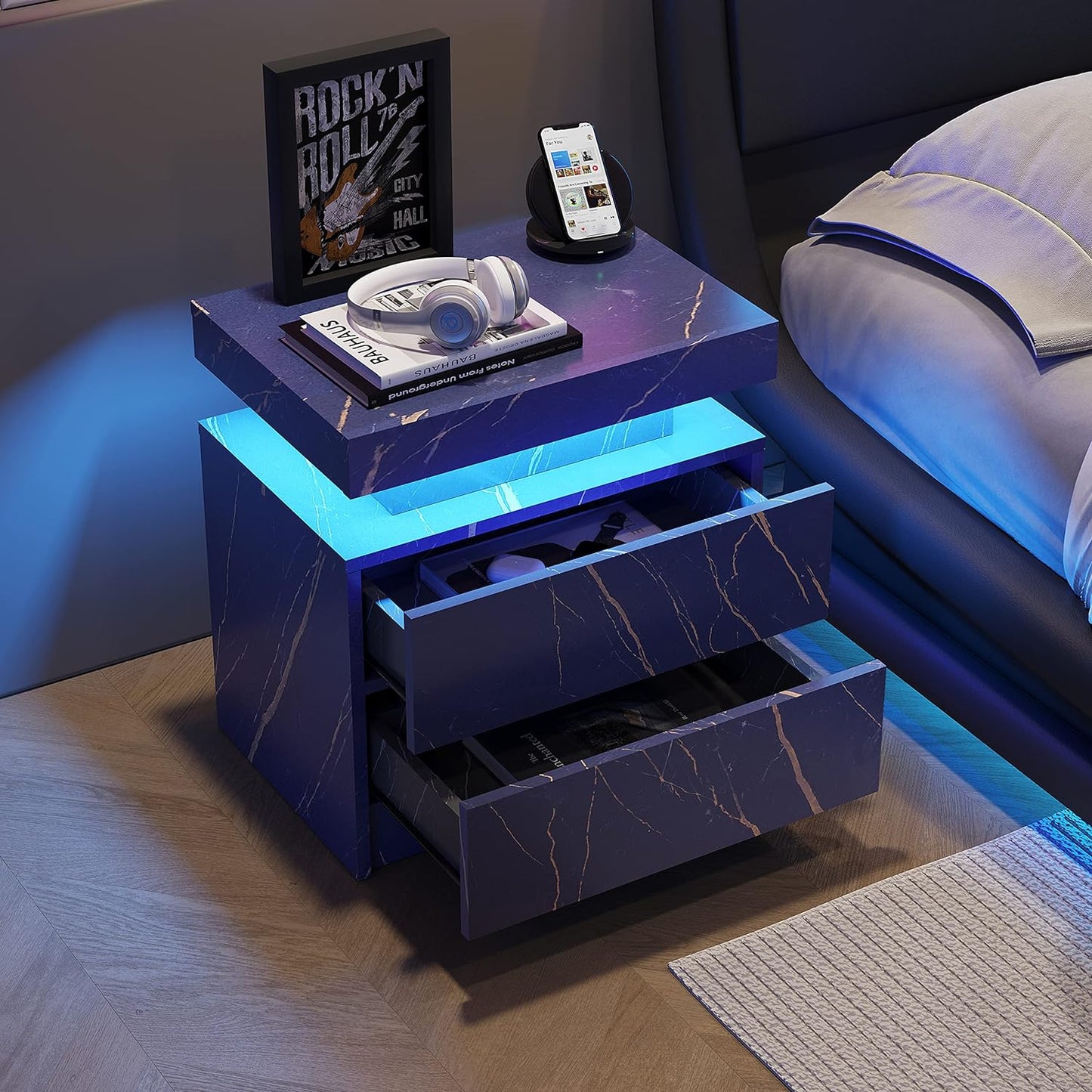 Smuxee Modern Wood LED Nightstand with 2 Drawers, End Tables for Living Room or Bedroom