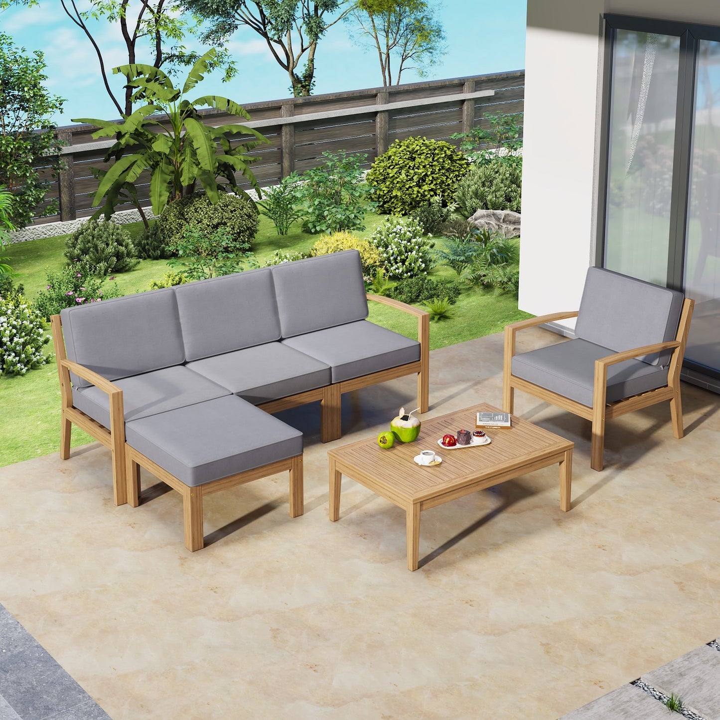 Algherohein 6 Piece Wood Outdoor Furniture Sets with Coffee Table and Cushion,Patio Sectional