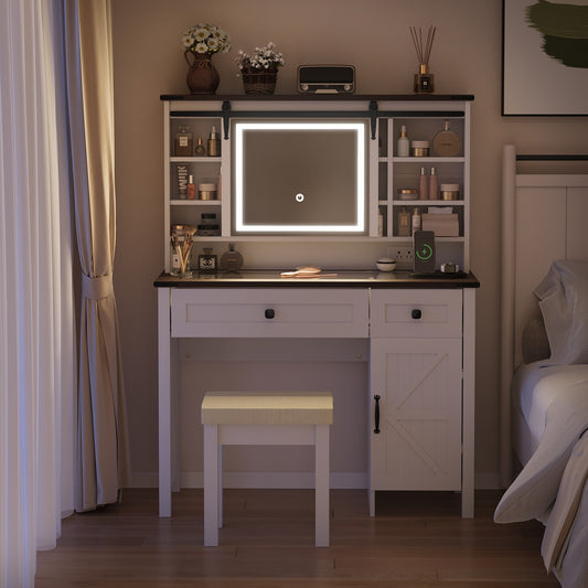 Algherohein Farmhouse Makeup Vanity Set with Mirror and Charging Station,White Vanity Desk