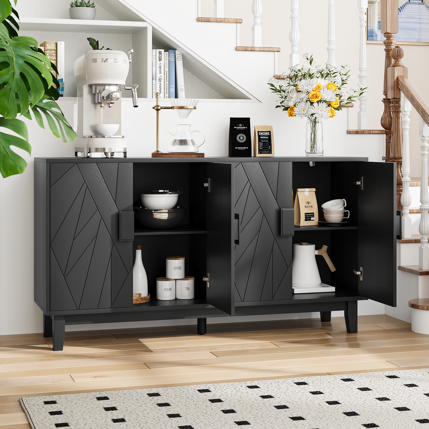 Algherohein Black Buffet Cabinet with Adjustable Shelves and 4 Doors,Kitchen Sideboards and Buffets