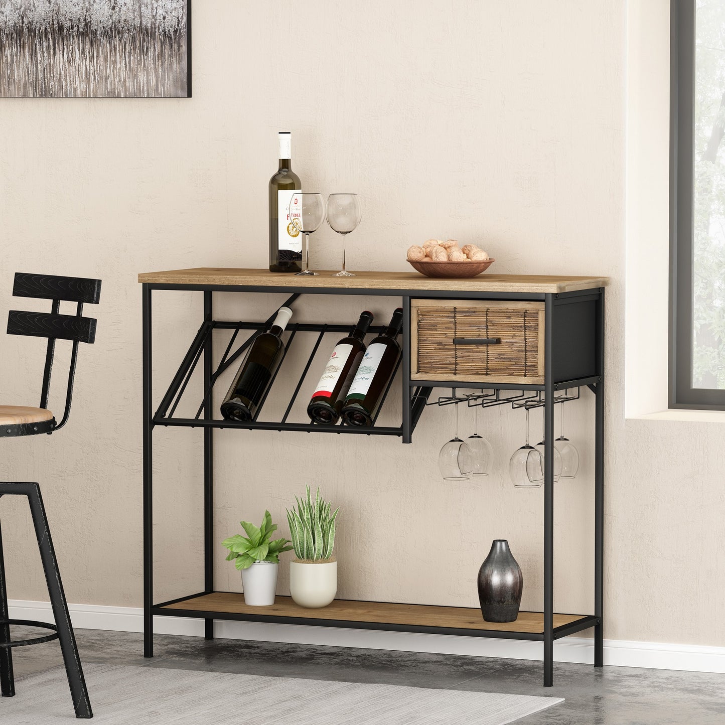 Algherohein Wine Rack Table with Glass Holder,Shelf and Drawer,Wine Bar Cabinet,Holds 8 Bottles