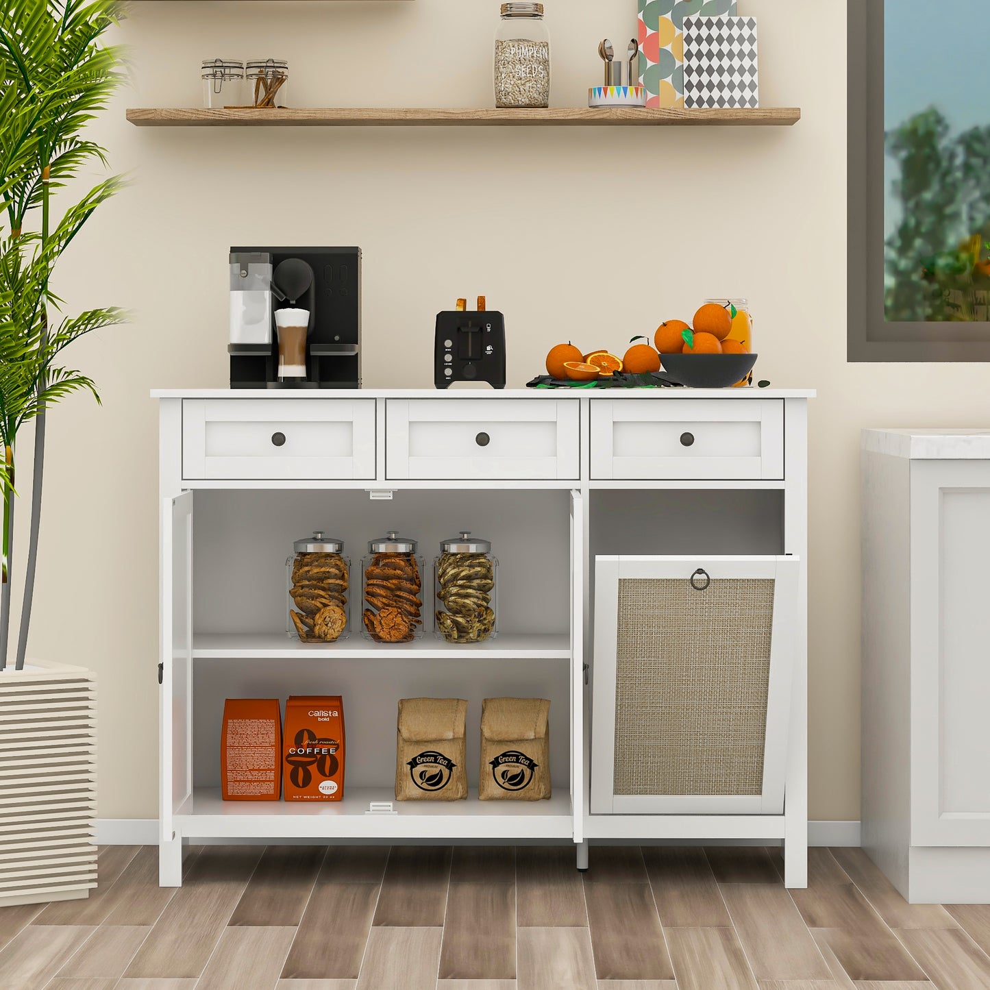 Semiocthome Rattan Storage Cabinet with Tilt Out Trash and 3 Drawers for Kitchen White