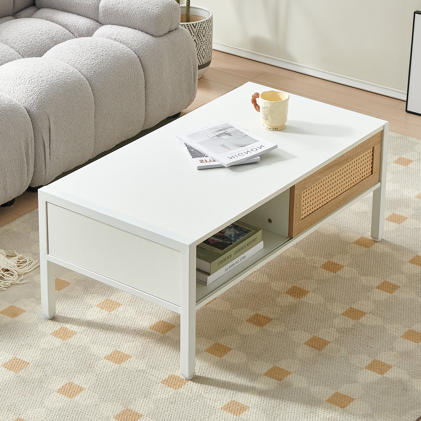 Smart FENDEE Rattan Coffee Table with Sliding Door Storage and Metal Leg for Living Room
