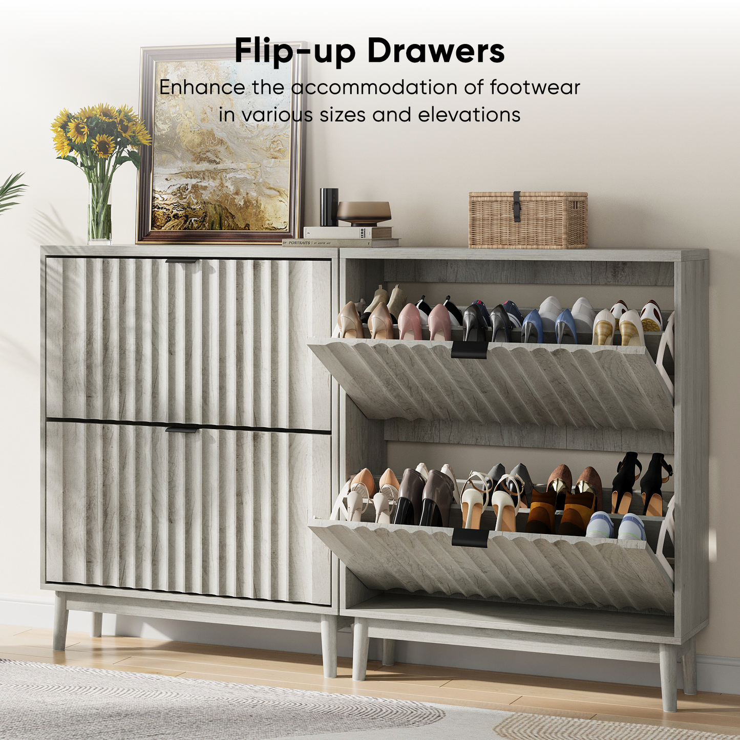 Algherohein Shoe Storage Cabinet with 2 Flip Drawers,Freestanding Shoe Rack Organizer,Gray Wood