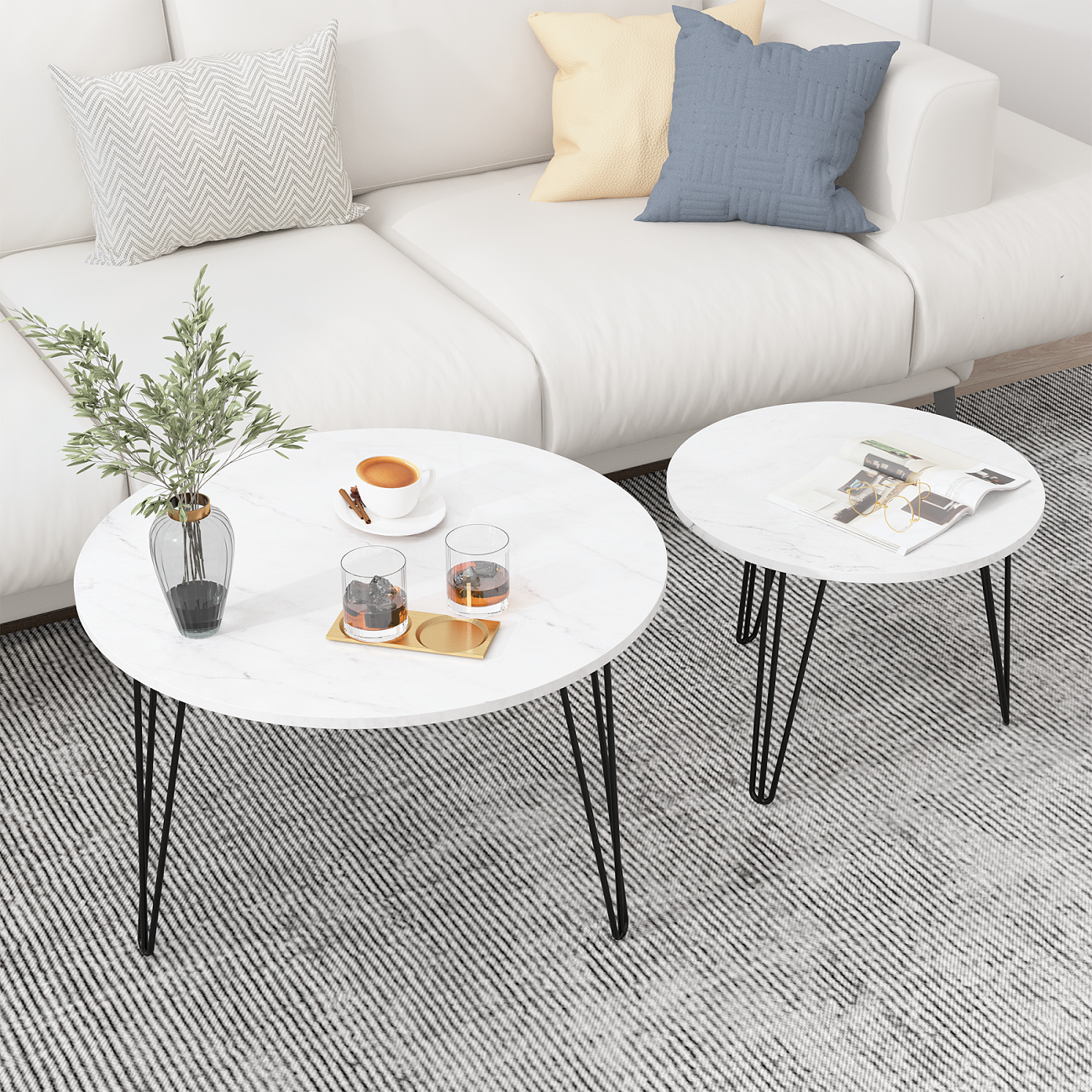 Algherohein Nesting Coffee Table for Living Room,Marble Round Table,Wood&Metal