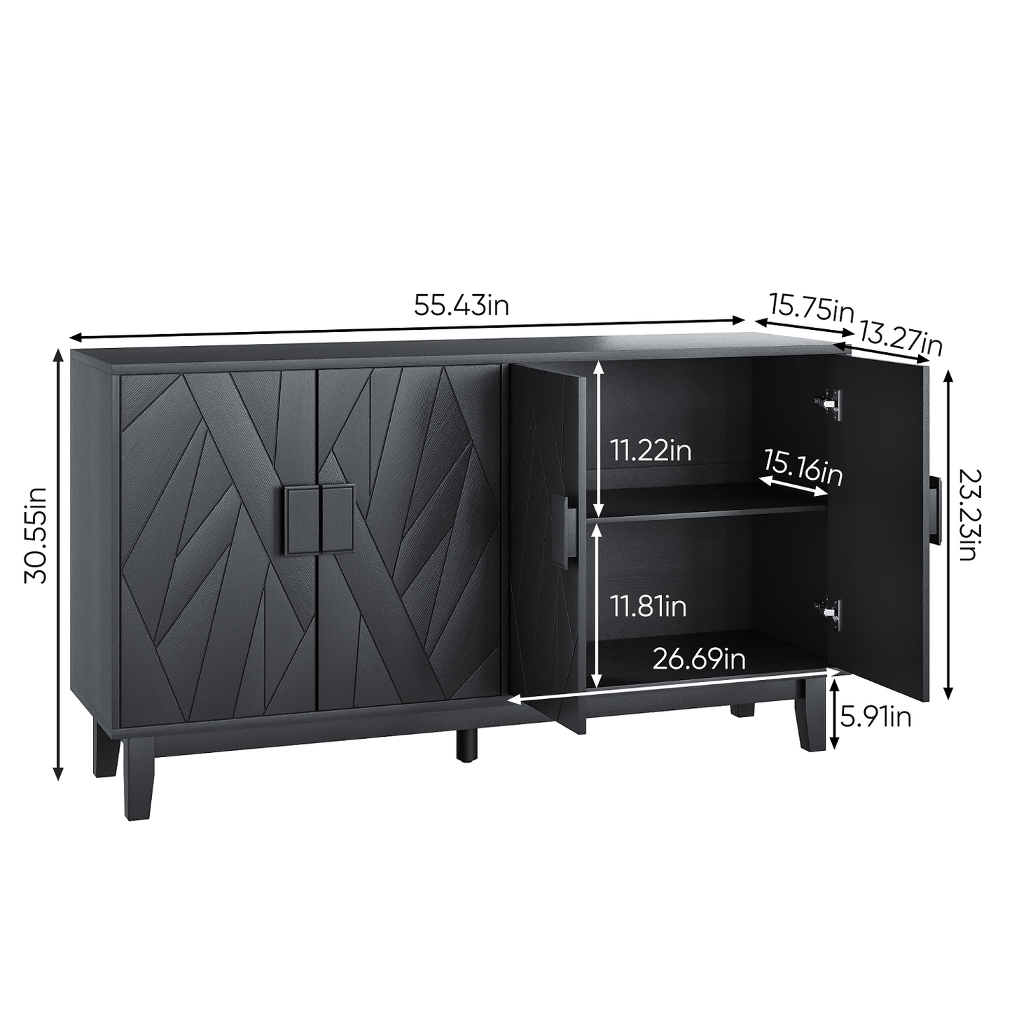 Algherohein Black Buffet Cabinet with Adjustable Shelves and 4 Doors,Kitchen Sideboards and Buffets