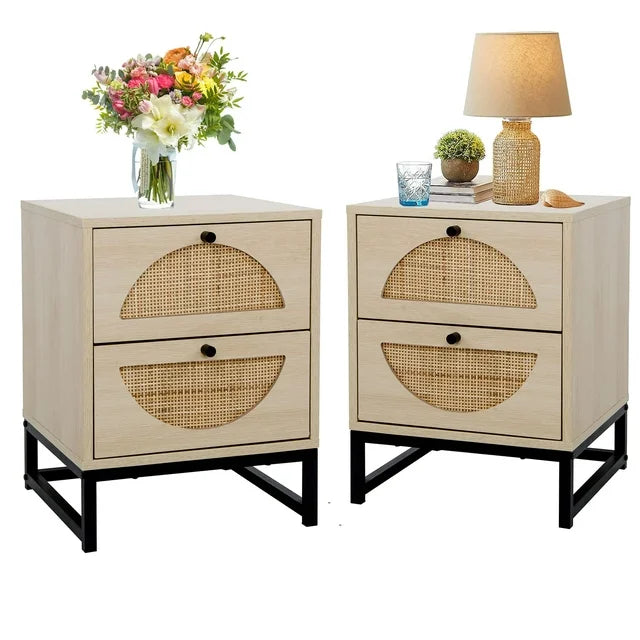 Smart FENDEE Wood Nightstand with 2 Rattan Drawers Bedside Table for Adult, Bedroom