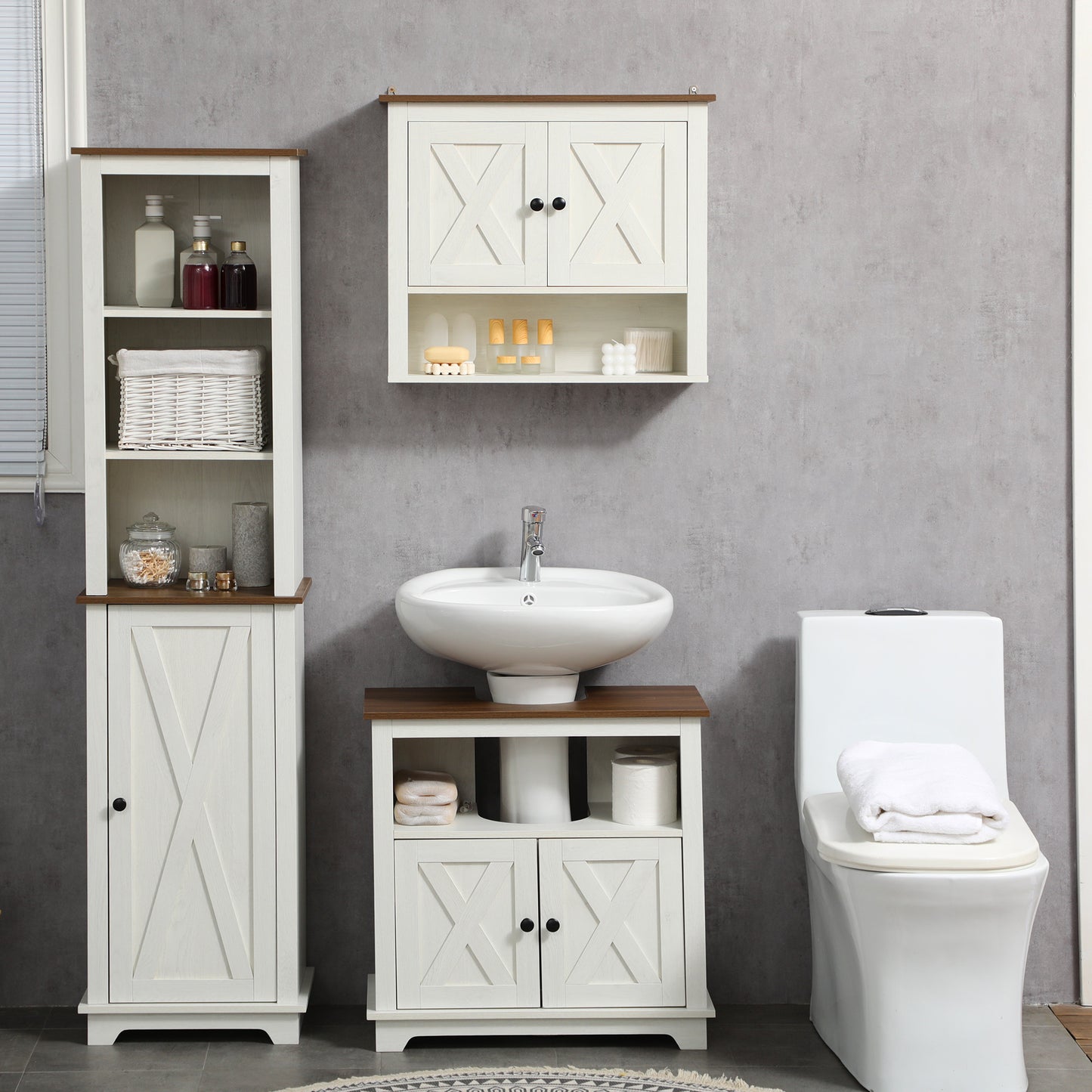 Smuxee Farmhouse Bathroom Vanity with Sink,Bathroom Storage Cabinet with Doors and Shelves,White