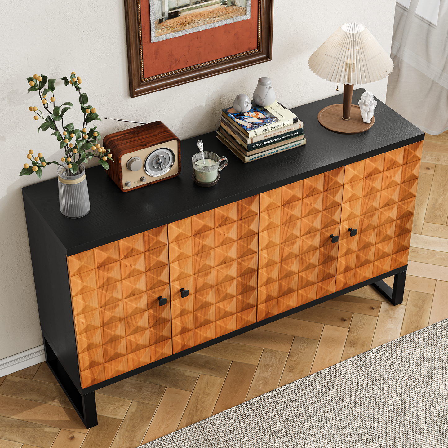 Algherohein Retro Kitchen Sideboards and Buffets, Buffet Cabinet with Storage Adjustable Shelves and 4 Doors