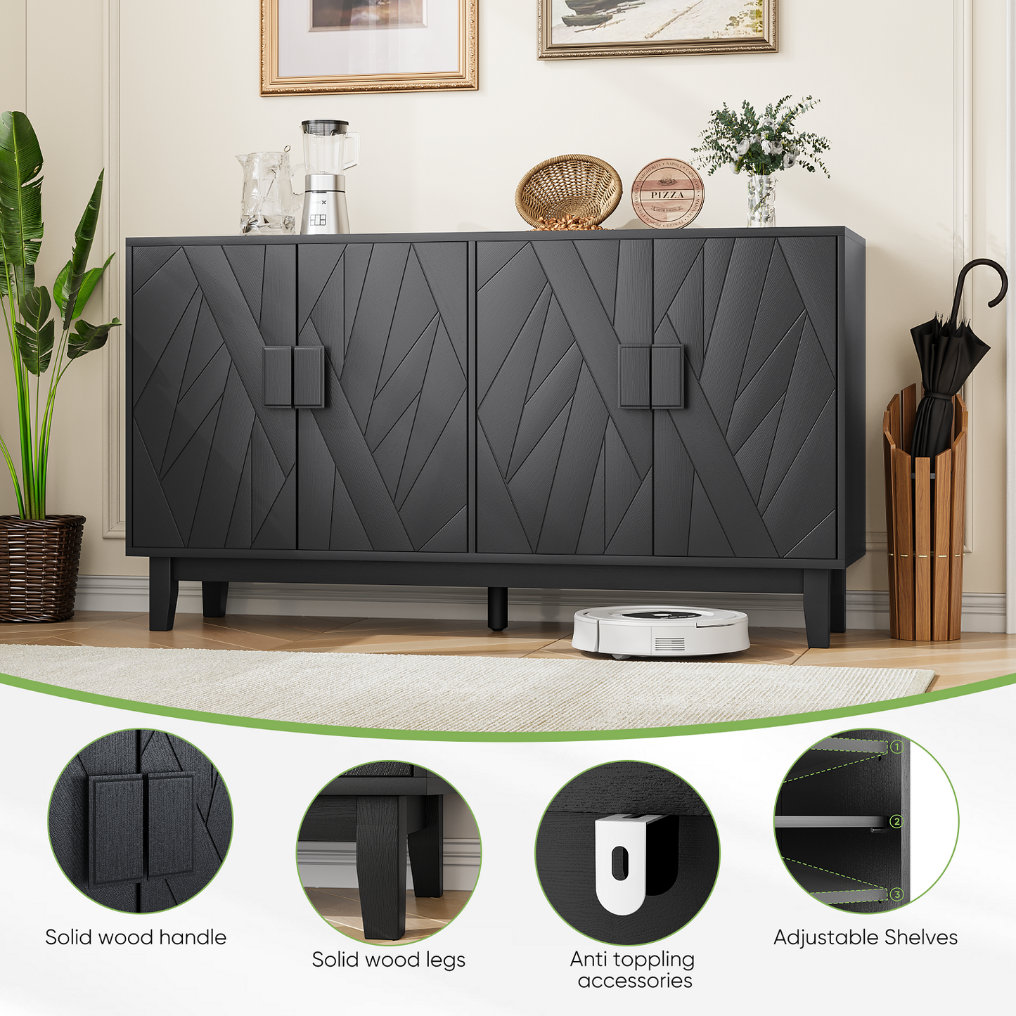 Algherohein Black Buffet Cabinet with Adjustable Shelves and 4 Doors,Kitchen Sideboards and Buffets