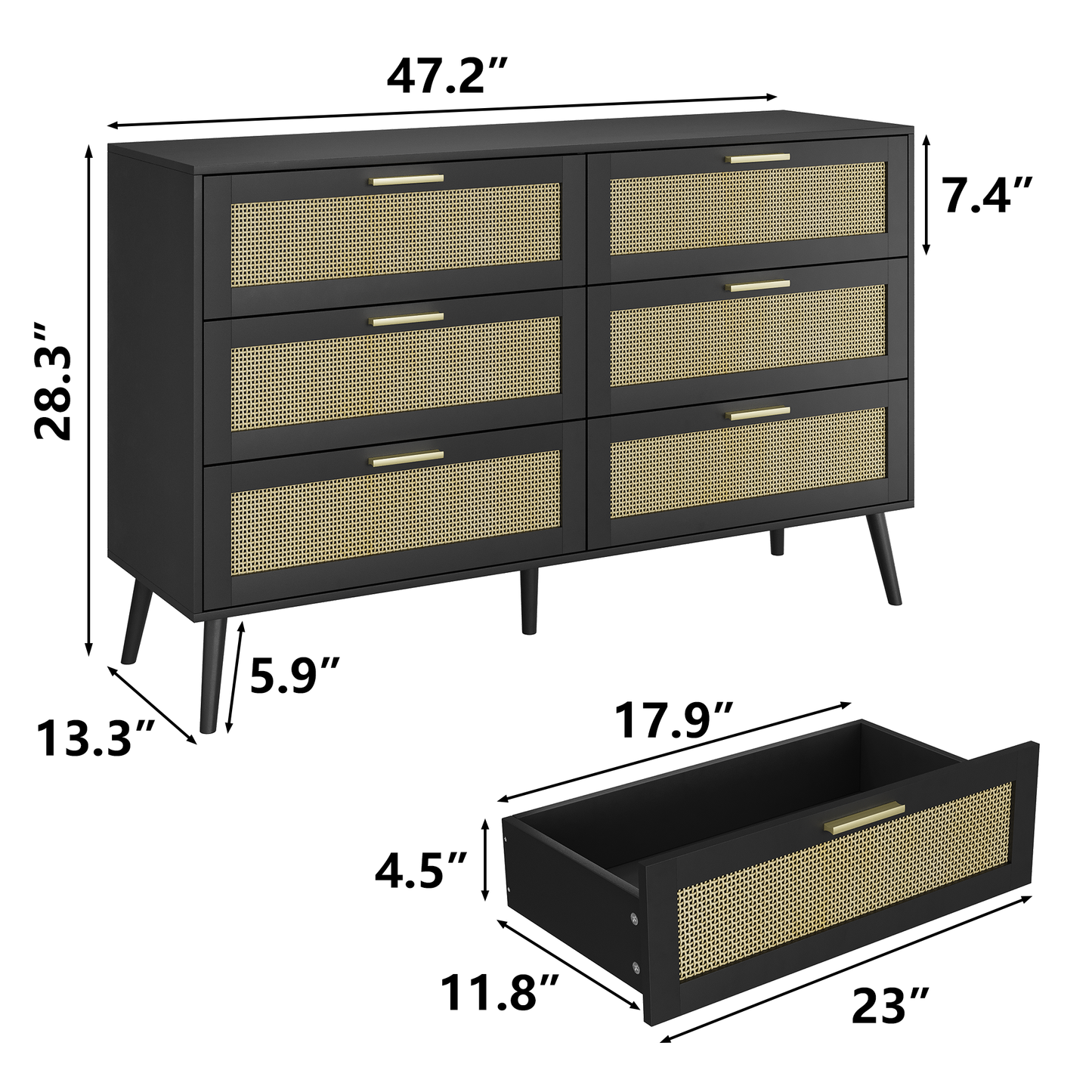 Algherohein Rattan Double Dresser with 6 Drawer for Bedroom,Chest of Drawers