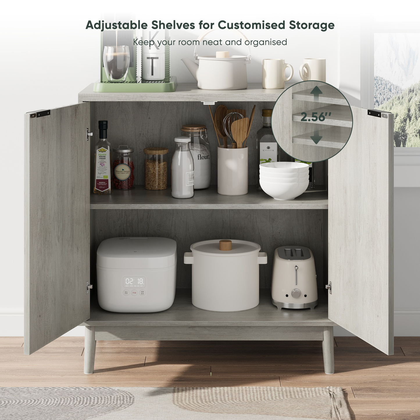 Algherohein Storage Cabinets with Adjustable Shelf and Fluted Doors,Buffet Cabinet with Storage,Gray