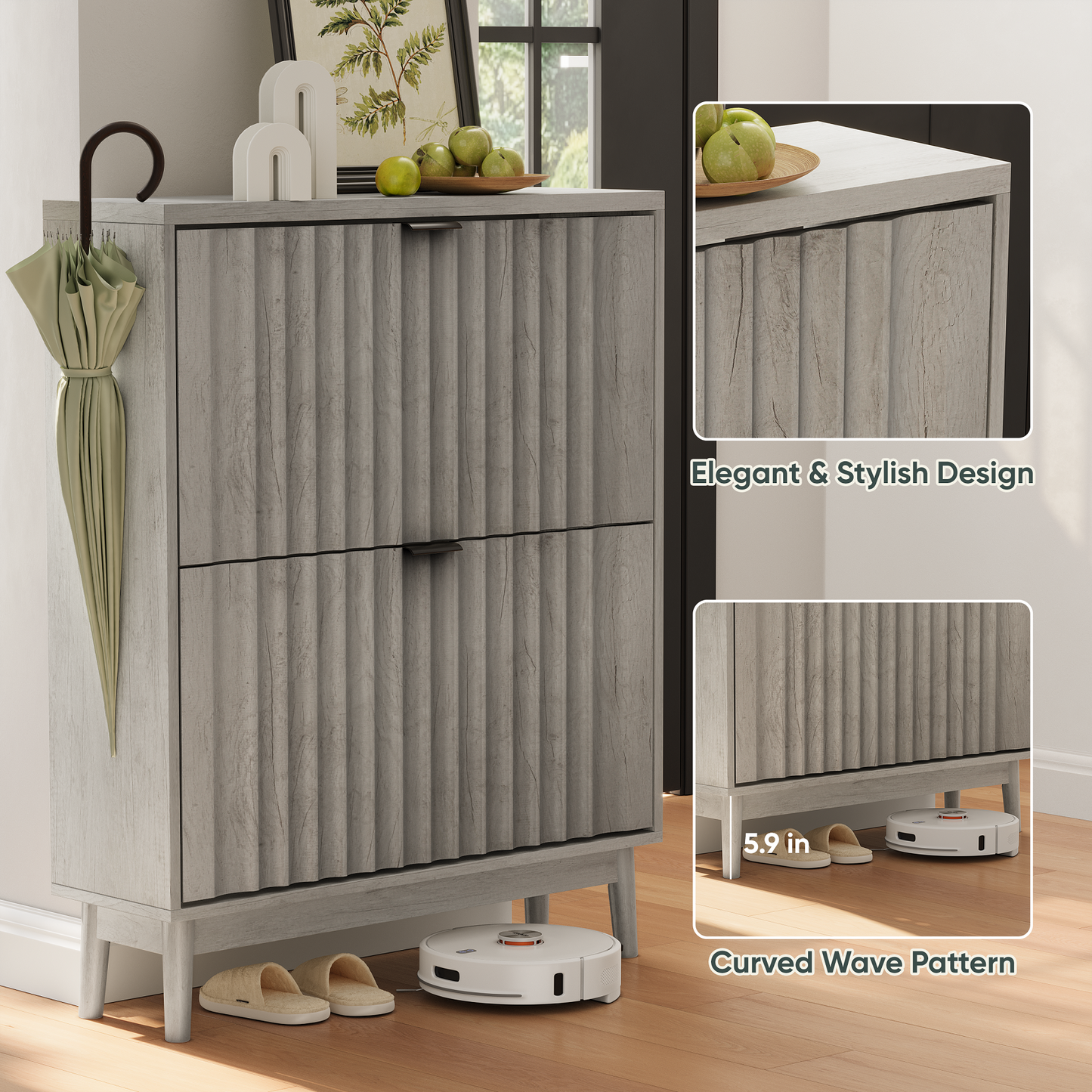 Smuxee Shoe Storage Cabinet with 2 Flip Waveform Drawers,Entryway Shoe Organizer,Gray