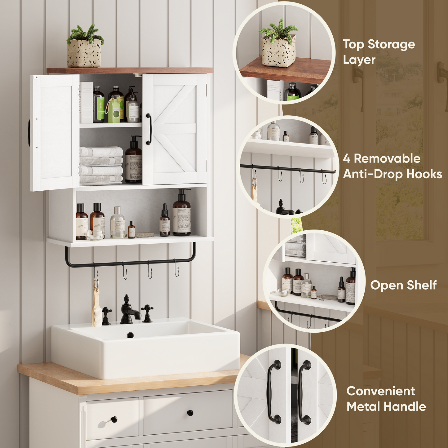 Smuxee Bathroom Storage with Adjustable Bathroom Shelf and Emovable Hooks,Farmhouse Medicine Cabinet