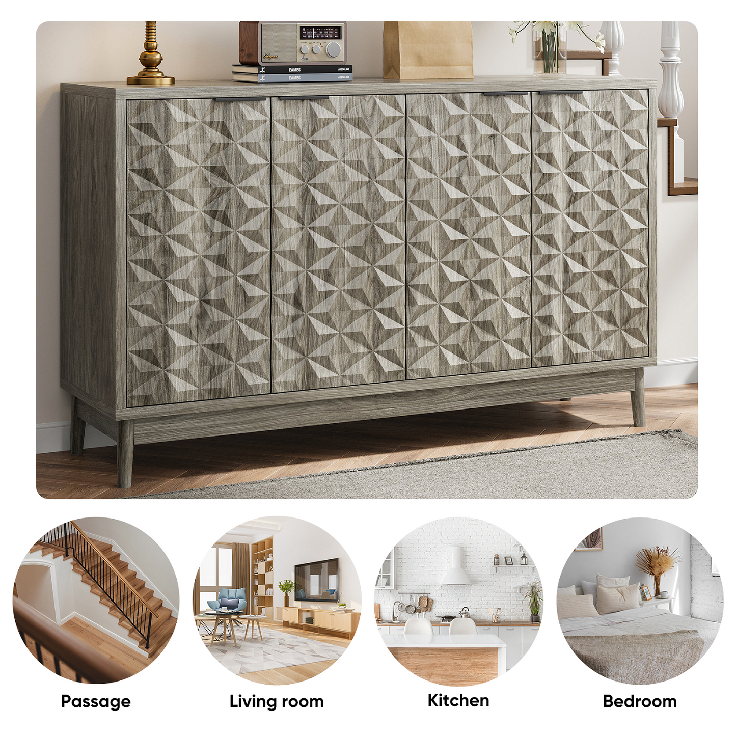 Smuxee Sideboard Cabinet with 4 Doors and Adjustable Shelves, Kitchen Sideboards and Buffets