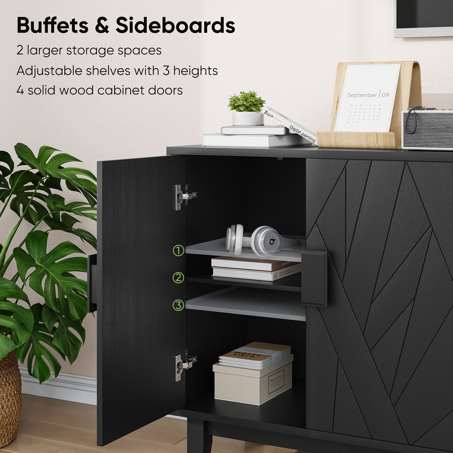 Algherohein Black Buffet Cabinet with Adjustable Shelves and 4 Doors,Kitchen Sideboards and Buffets