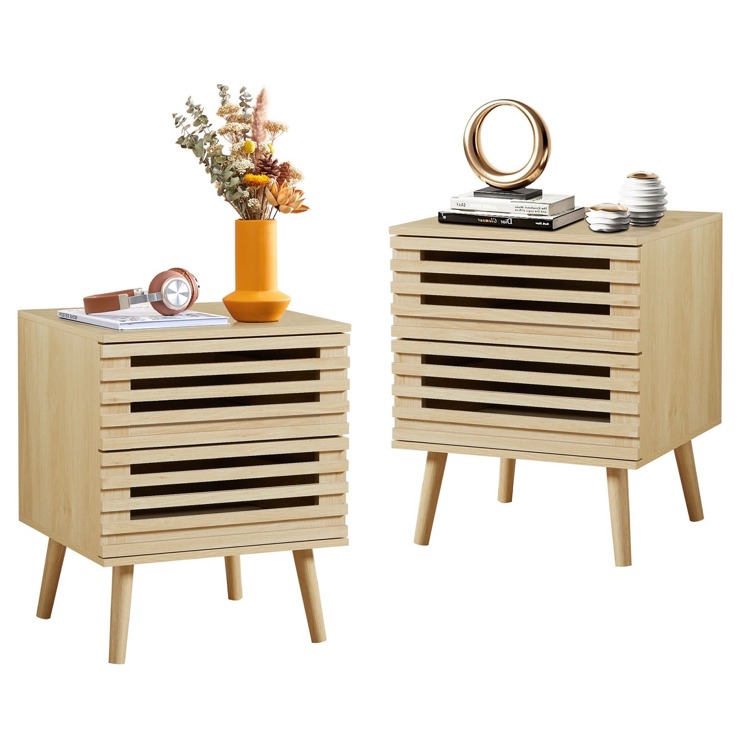 Algherohein Bedroom Wood Nightstand Set of 2 with Hollowed-Out Drawer,Living Room Side Tables