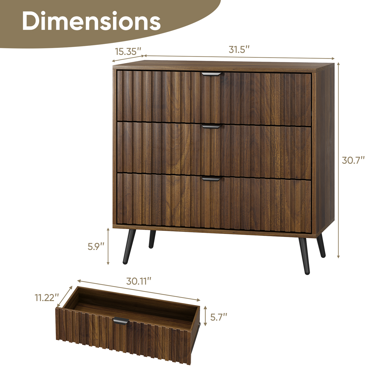 Semiocthome Dresser with Fluted Panel, Chest of Drawers for Bedroom, Walnut