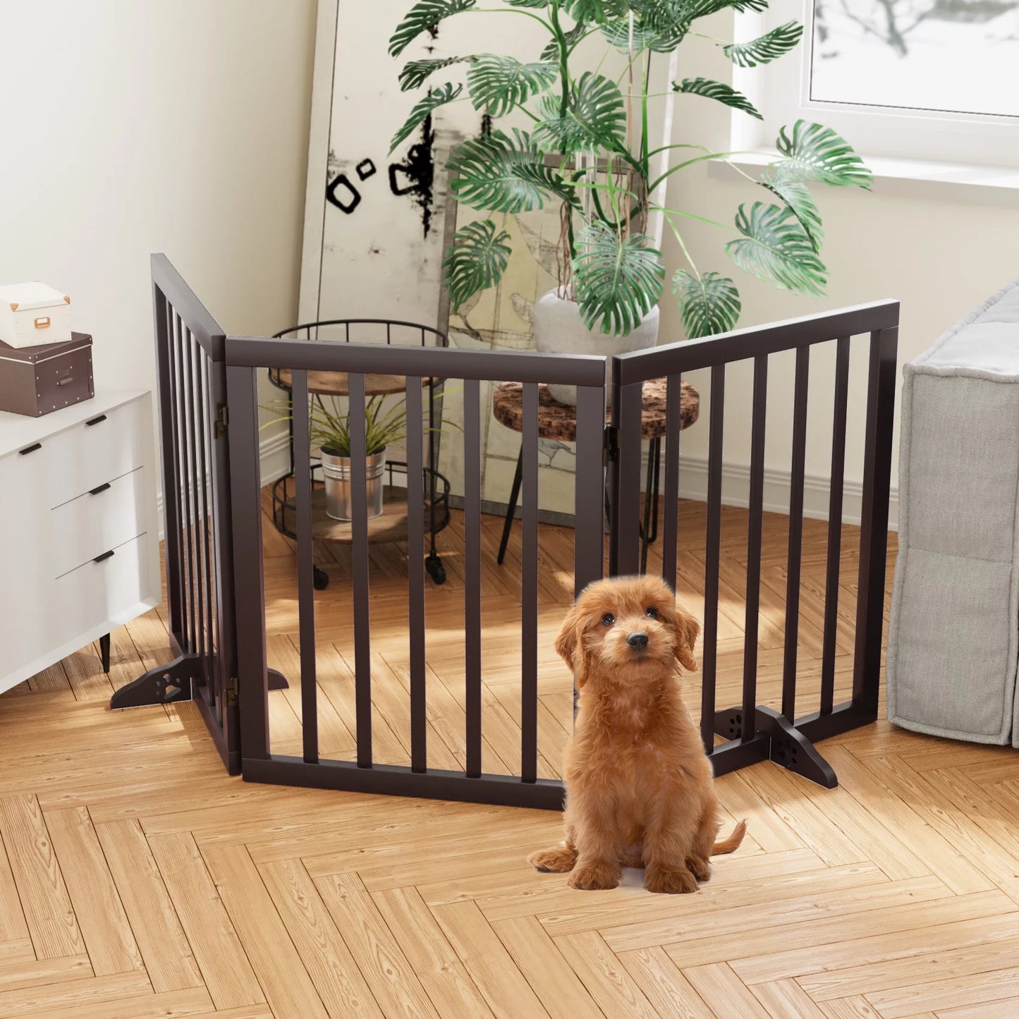 Smart FENDEE Wooden Dog Gate Foldable Pet Gate