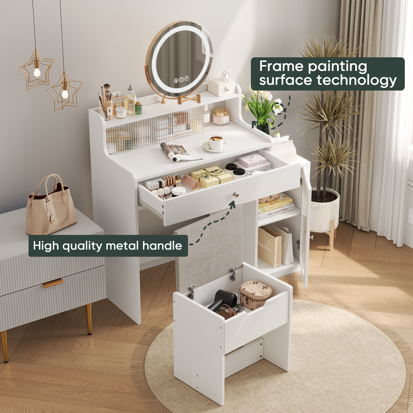 Algherohein Vanity Set with Mirror and Glass Storage,Makeup Vanity with Stool