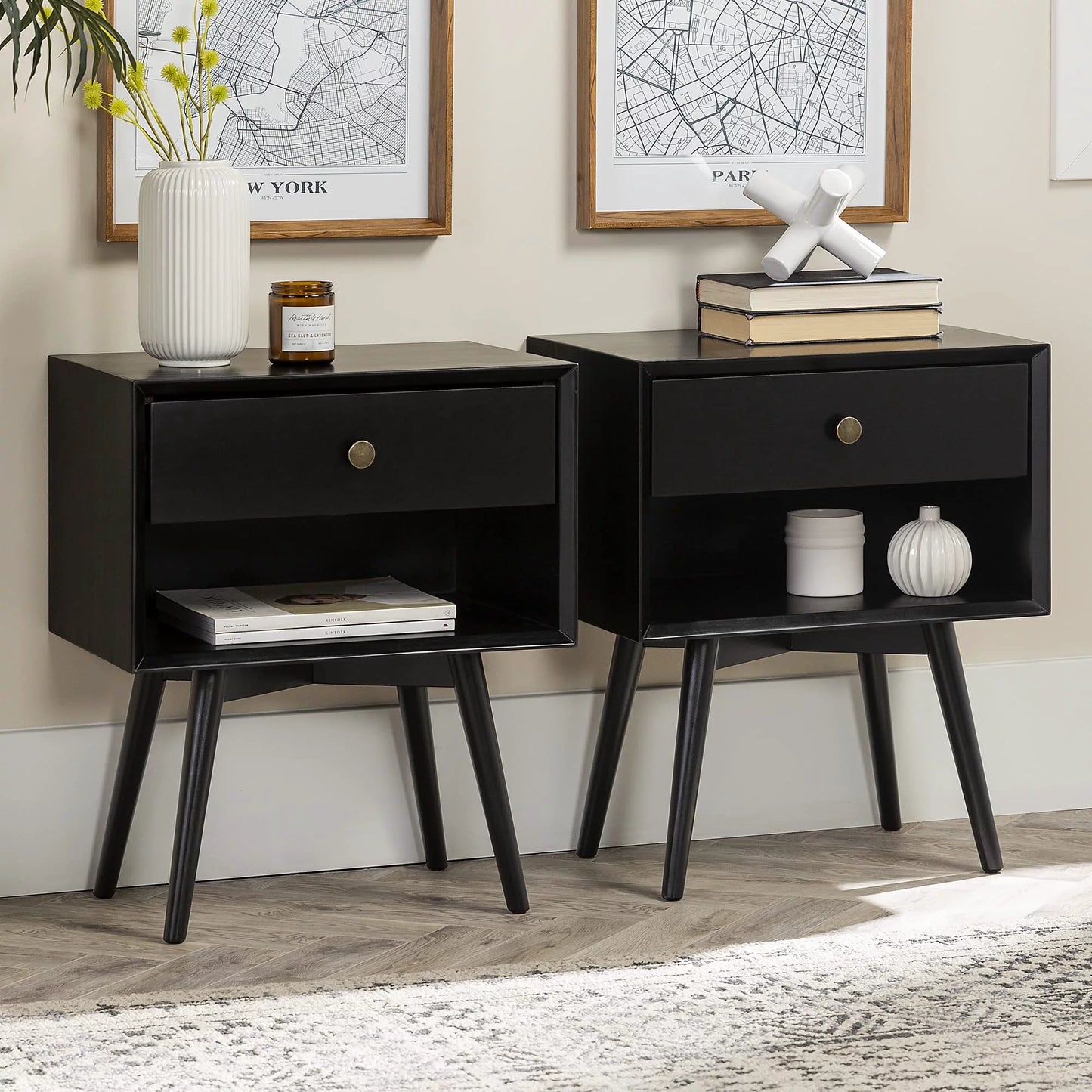 Algherohein Classic 1 Drawer Black Finish Nightstands for Bedroom