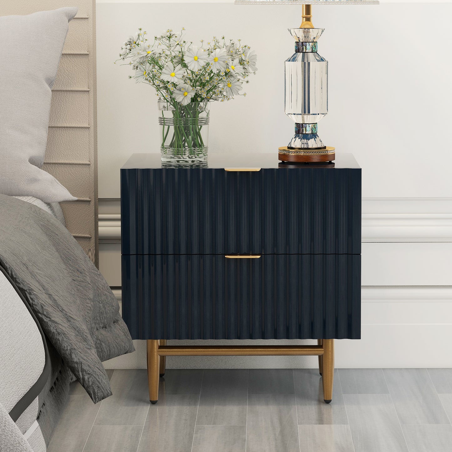 Nightstand with 2 Drawers & Golden Handle，Storage Bedside Table - Black
