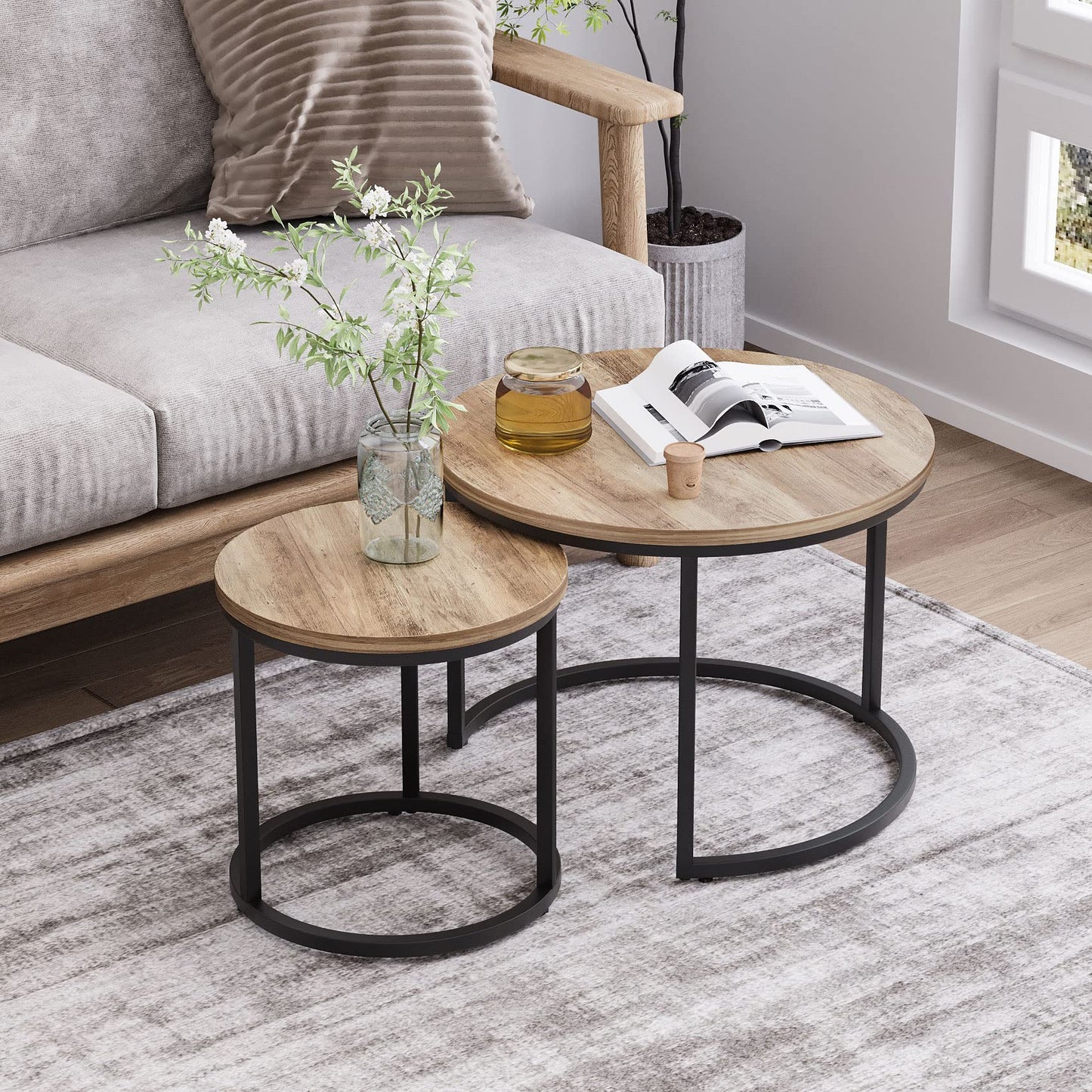 Smuxee Modern Round Wood Nesting Coffee Table Set,End Table for Living Room