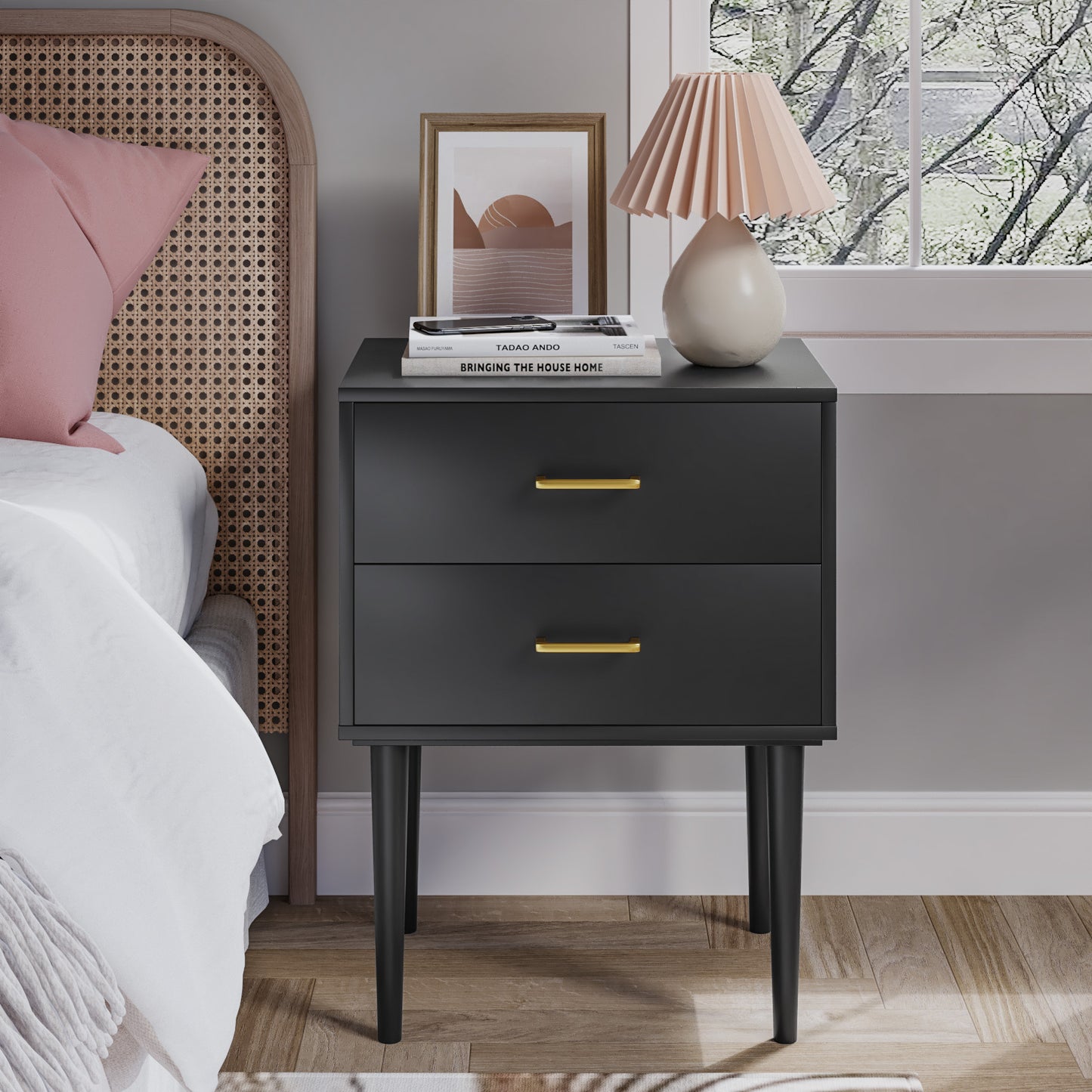 Smuxee Classic Nightstand with 2 Drawer Black Bedside Table for Bedrooms