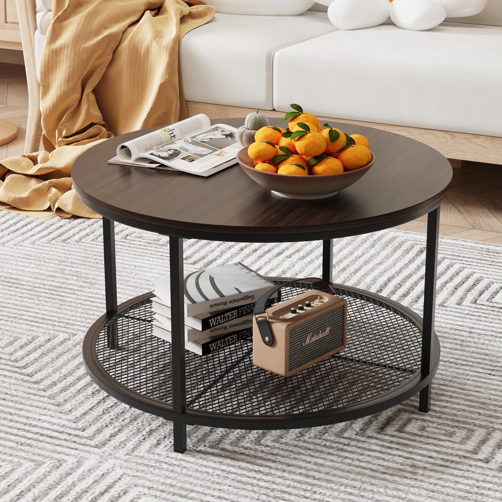 Smart FENDEE Modern Wood Round Coffee Table with Storage Shelf,31.5 ...