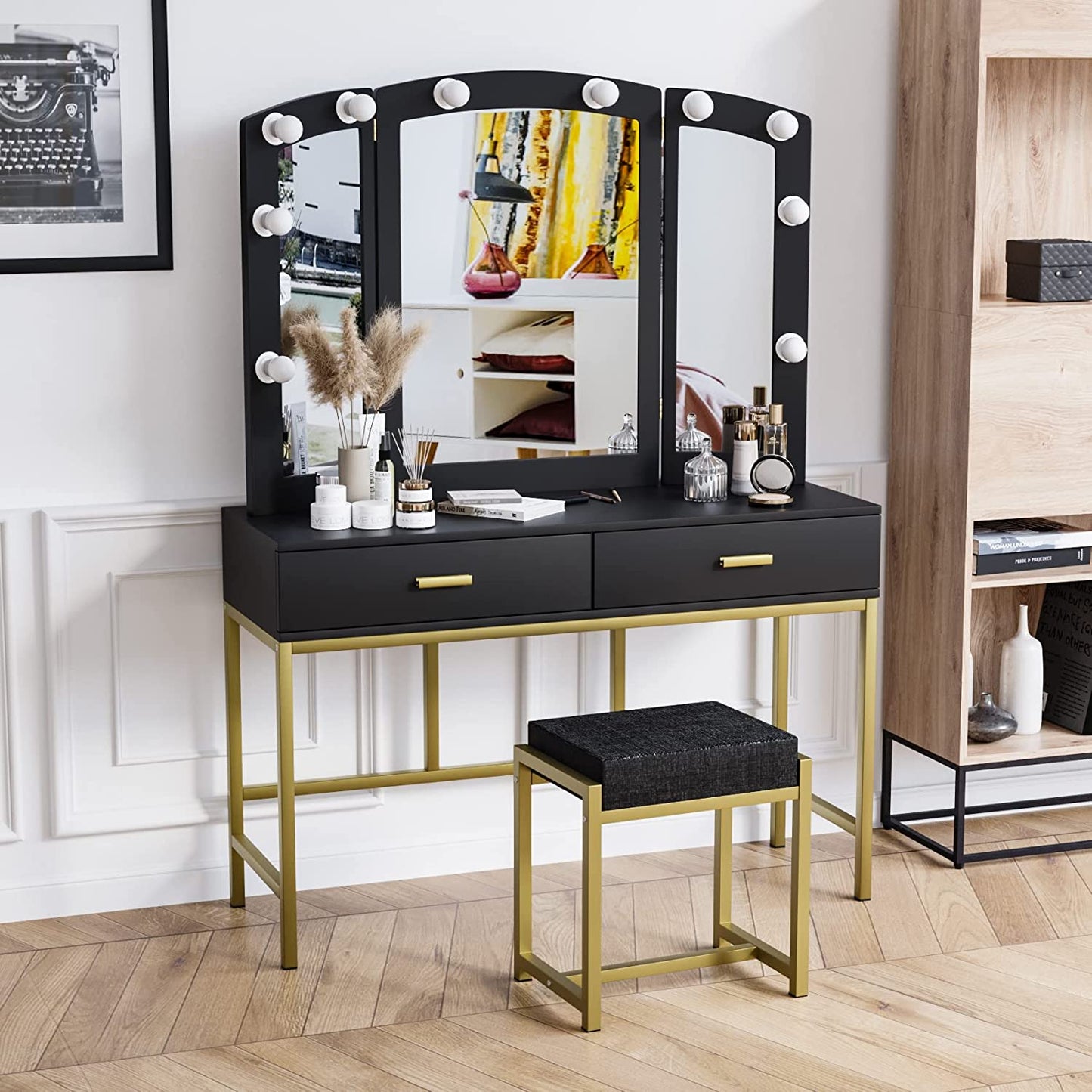 Smuxee Modern Dressing Table Set with 10 LED Lights and Mirror ,Black