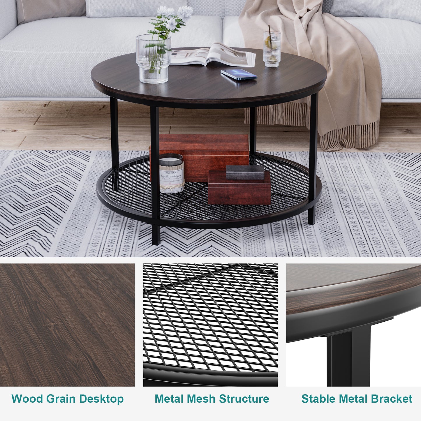 Smart FENDEE Modern Wood Round Coffee Table with Storage Shelf,31.5"