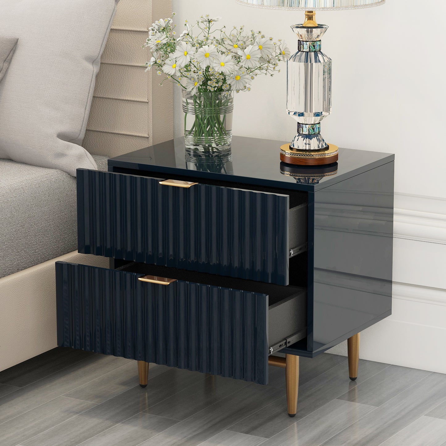 Nightstand with 2 Drawers & Golden Handle，Storage Bedside Table - Black