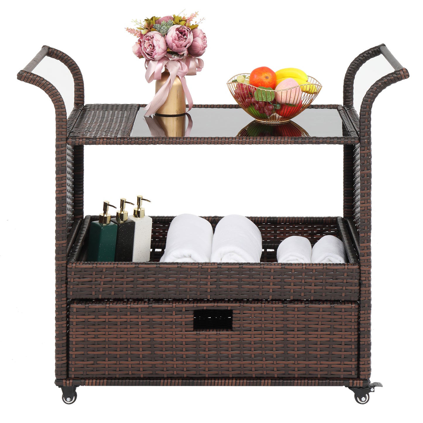 Outdoor Patio Wicker Rattan Serving Bar Cart Sideboard On Wheels Brown Gradient