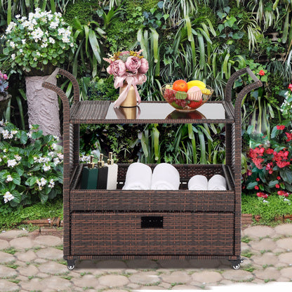 Outdoor Patio Wicker Rattan Serving Bar Cart Sideboard On Wheels Brown Gradient