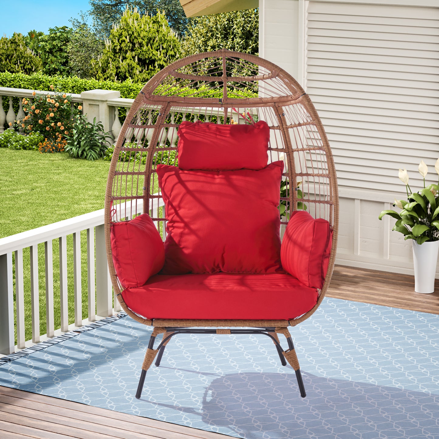 Wicker Egg Chair, Oversized Indoor Outdoor Lounger for Patio, Backyard, Living Room w/ 5 Cushions, Steel Frame, 440lb Capacity - Red